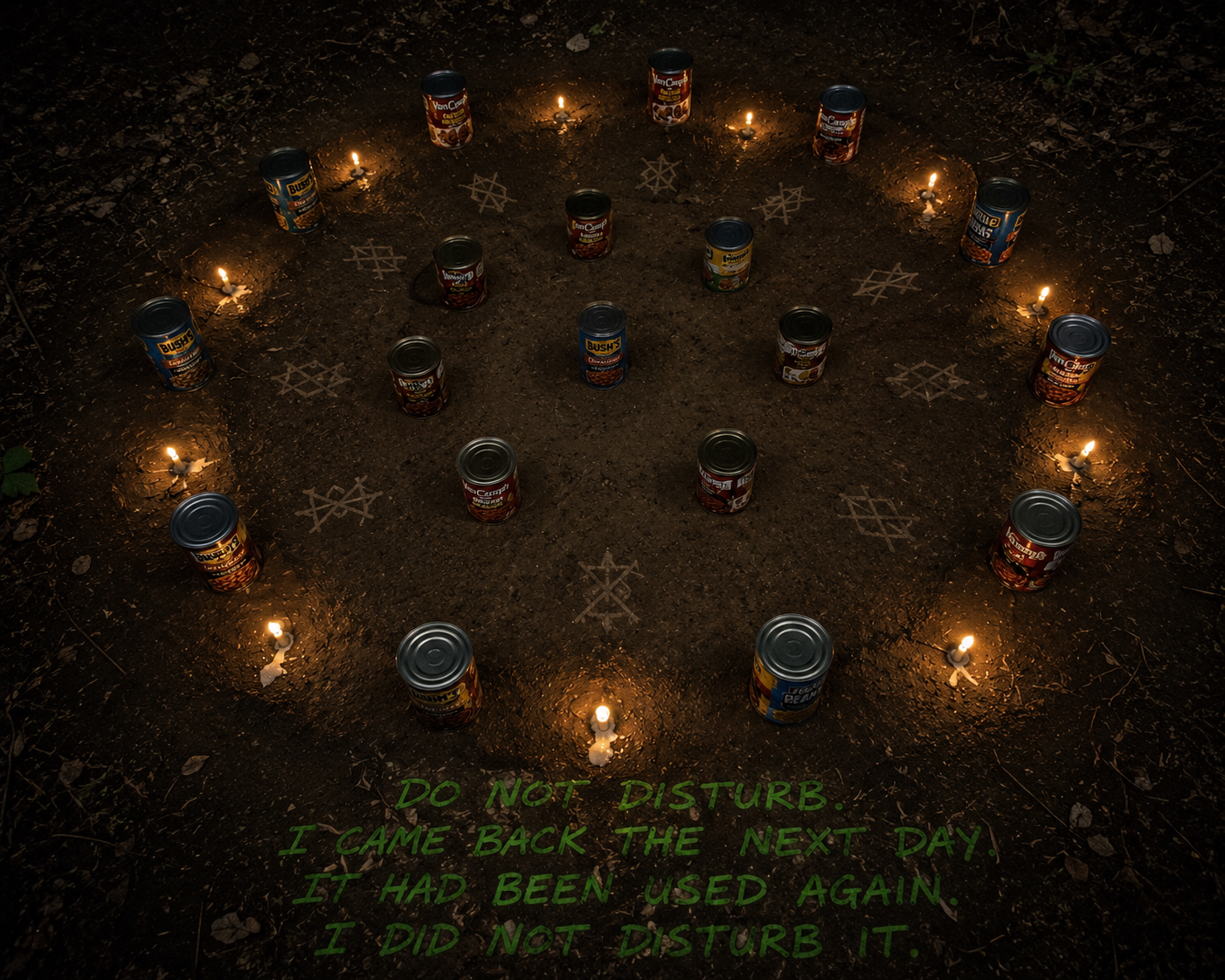 A BEAN CIRCLE. THEY ARRANGE THEM LIKE THIS. I DO NOT KNOW WHAT IT MEANS. I HAVE THEORIES. ALL OF THEM ARE ALARMING.
