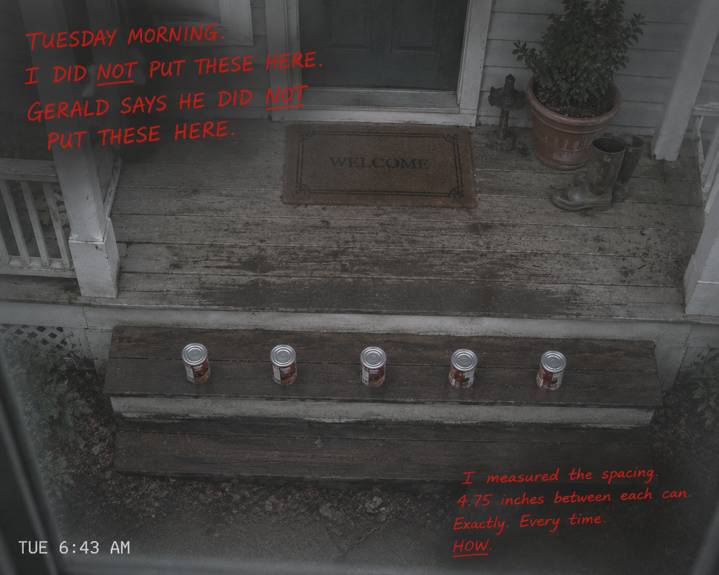 MY PORCH. TUESDAY MORNING. I DID NOT PUT THESE HERE. ERIC SAYS HE DID NOT PUT THESE HERE. ONE OF US IS LYING AND IT IS NOT ME BECAUSE I WAS WATCHING MY OWN PORCH.