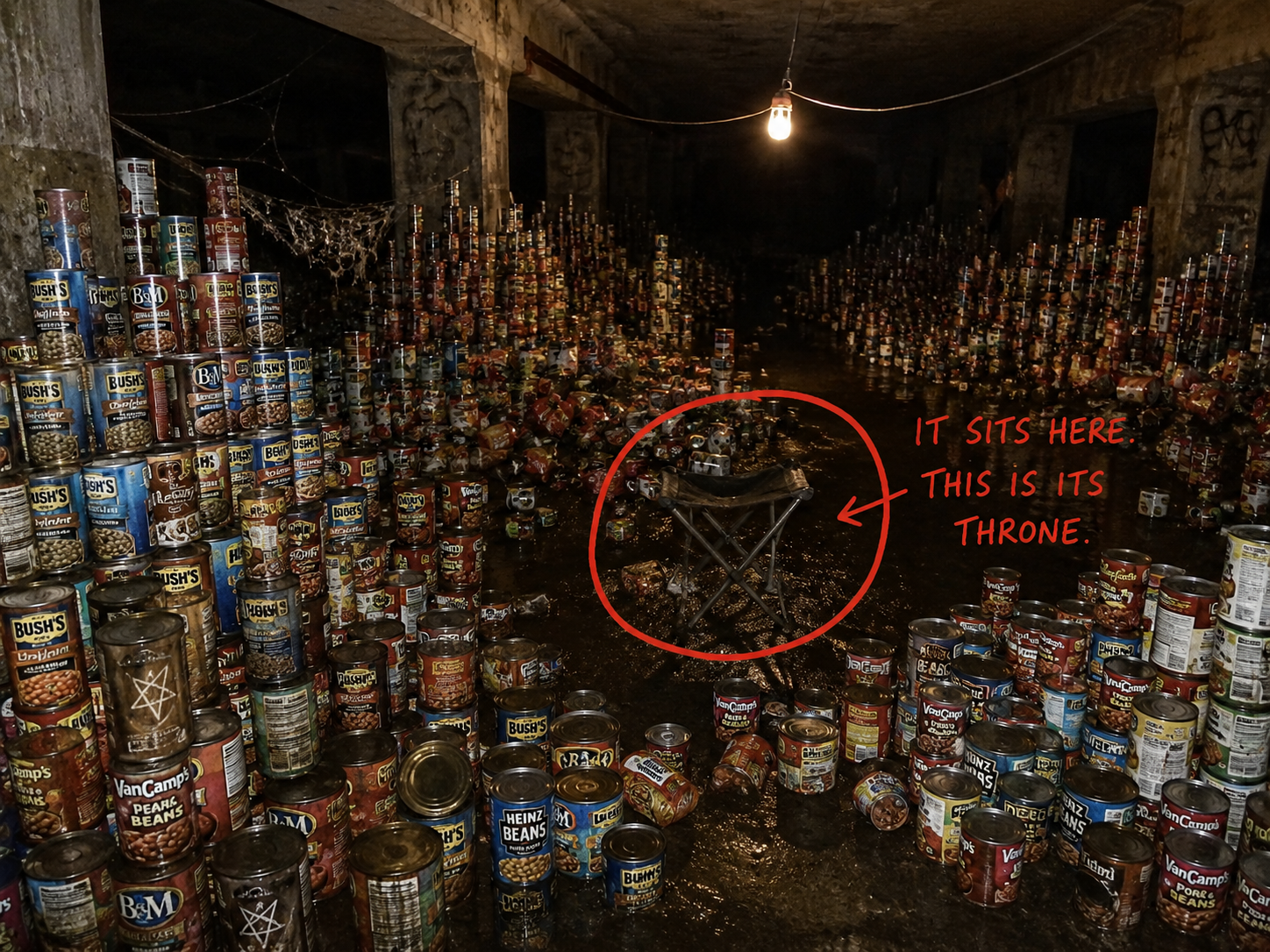 I FOUND THIS. THIS IS UNDER A BRIDGE NEAR OAK STREET. I COUNTED 340 CANS. I WENT BACK THE NEXT DAY. THEY WERE GONE. THE GOBLINS KNOW I FOUND IT.
