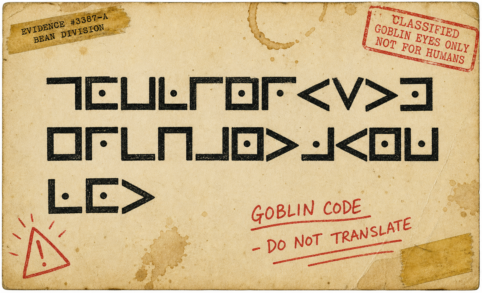 GOBLIN CODE PLATE RECOVERED FROM BEHIND THE BEAN SHELF. SYMBOLS MATCH THE SCRATCHES ON CAN NUMBER 47. ERIC SAID IT WAS PROBABLY A RECEIPT. IT WAS NOT A RECEIPT.
