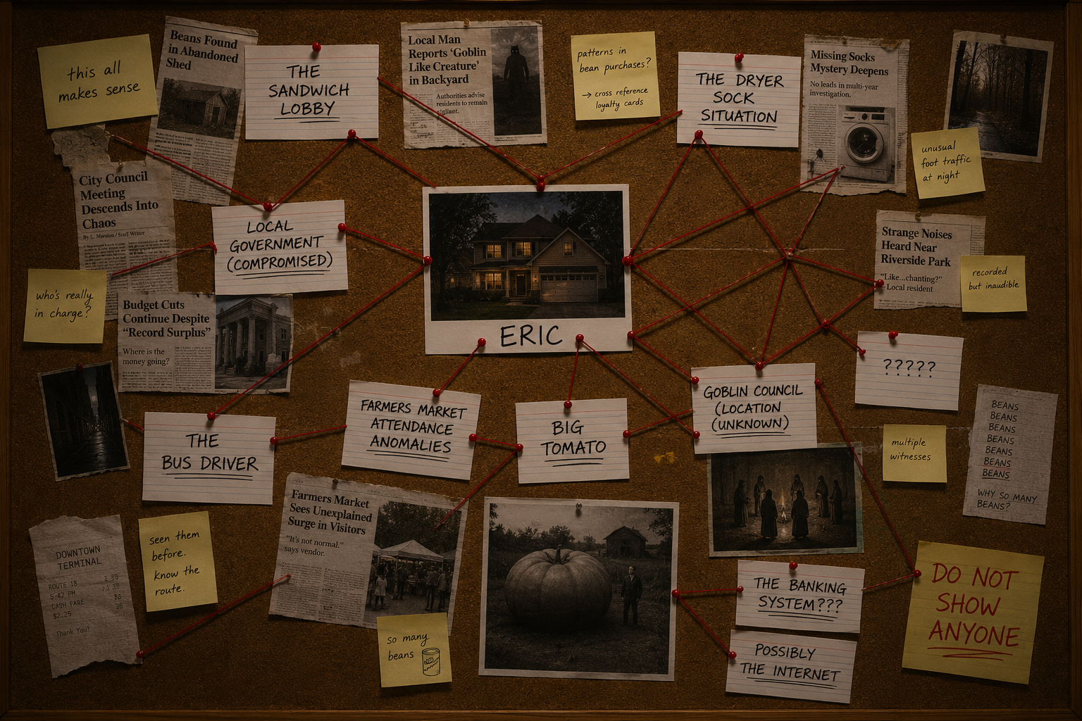 MY RESEARCH. 20 YEARS OF WORK. IT ALL CONNECTS. ERIC IS AT THE CENTER OF ALL OF IT. I KNOW THAT SOUNDS CRAZY. IT IS NOT CRAZY. LOOK AT THE STRINGS.