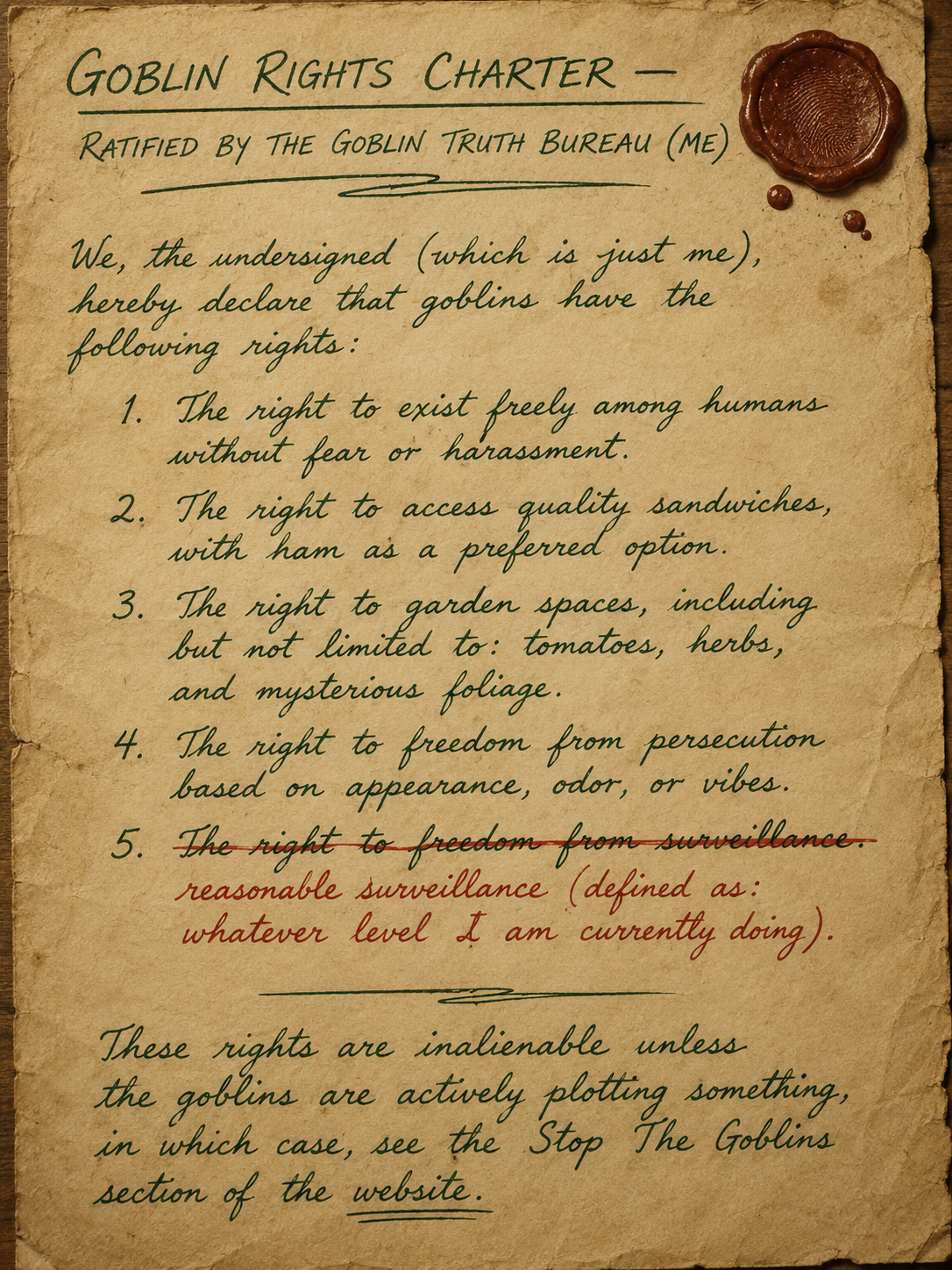 THE GOBLIN RIGHTS CHARTER. I WROTE THIS IN 2007. I AM BOTH THE AUTHOR AND THE SIGNATORY. IT IS LEGALLY BINDING IN MY OPINION.