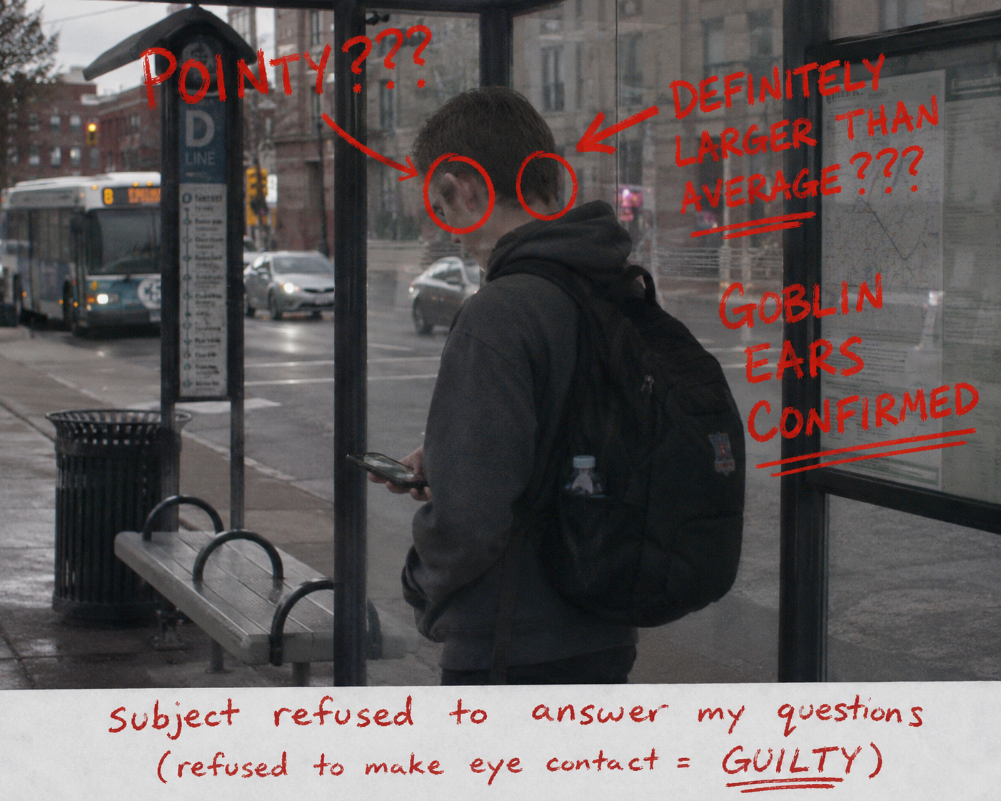 BUS STOP. MAIN STREET. THOSE EARS ARE NOT NORMAL. I HAVE MEASURED NORMAL EARS. THESE ARE NOT THOSE.