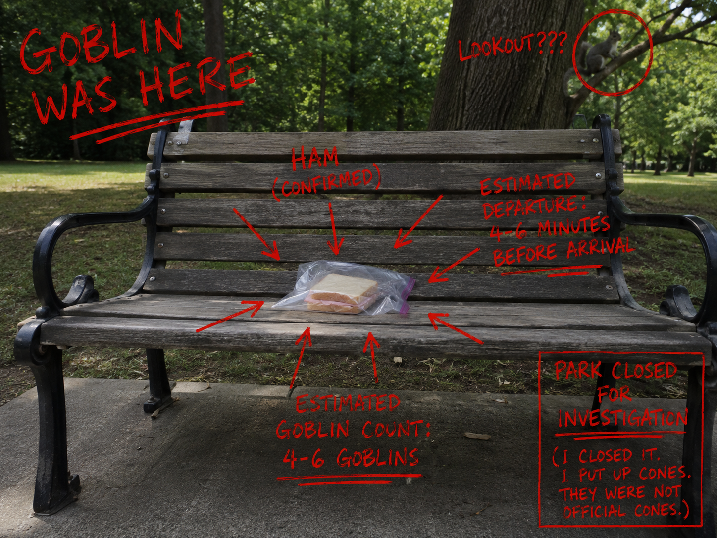 HAM SANDWICH. RIVERSIDE PARK. THE GOBLIN WAS JUST HERE. I COULD STILL SMELL IT. IT SMELLED LIKE DIRT AND LUNCH MEAT.